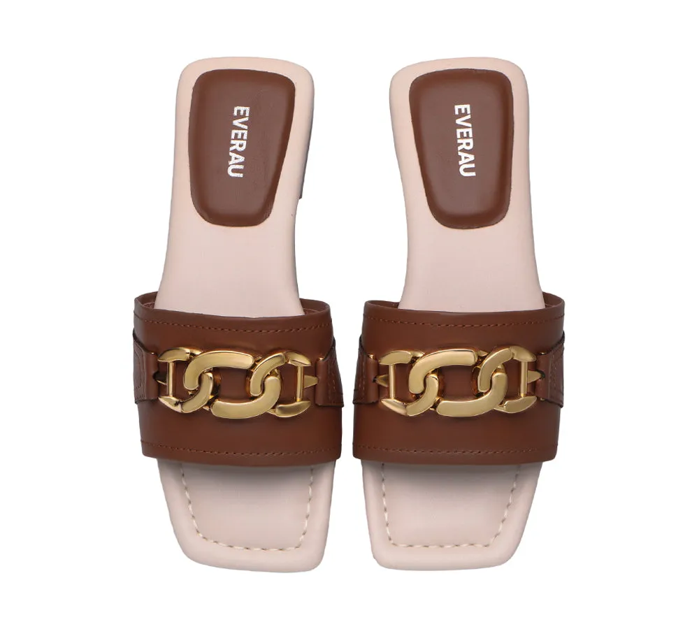 EVERAU® Women Leather Gold Buckle Flat Slides Chela