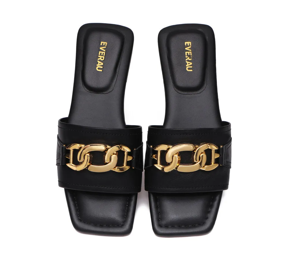 EVERAU® Women Leather Gold Buckle Flat Slides Chela