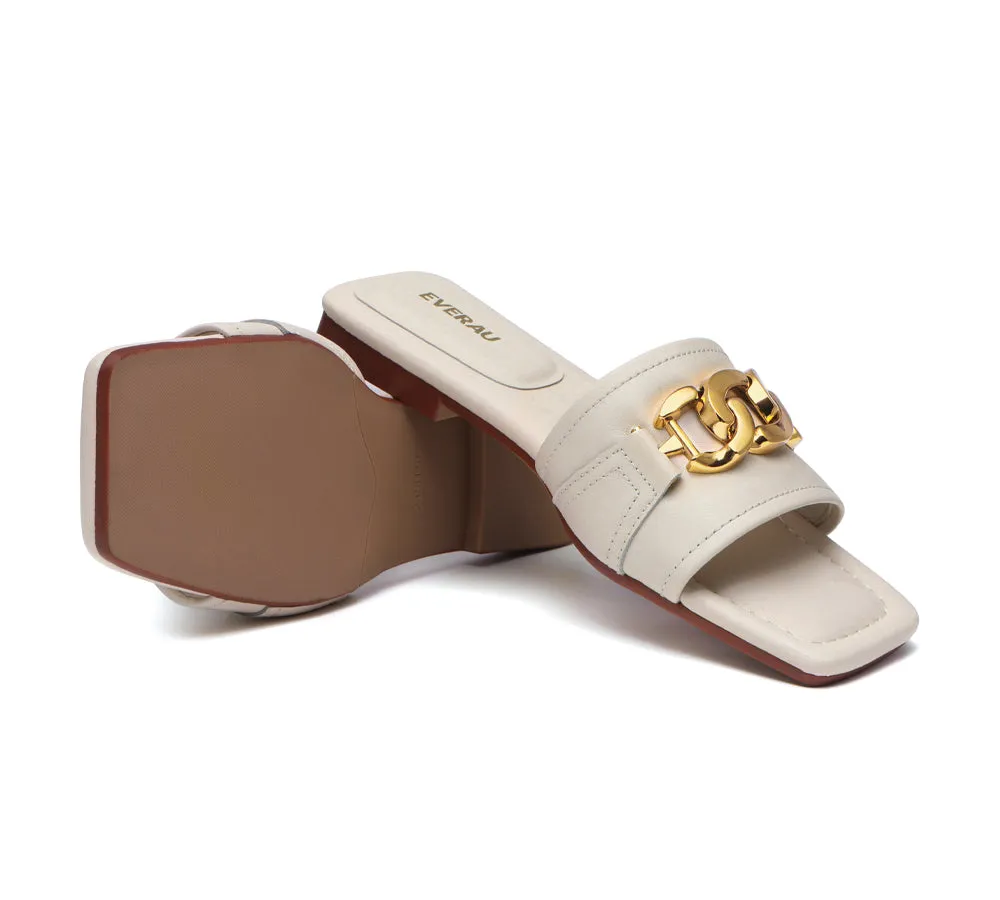 EVERAU® Women Leather Gold Buckle Flat Slides Chela