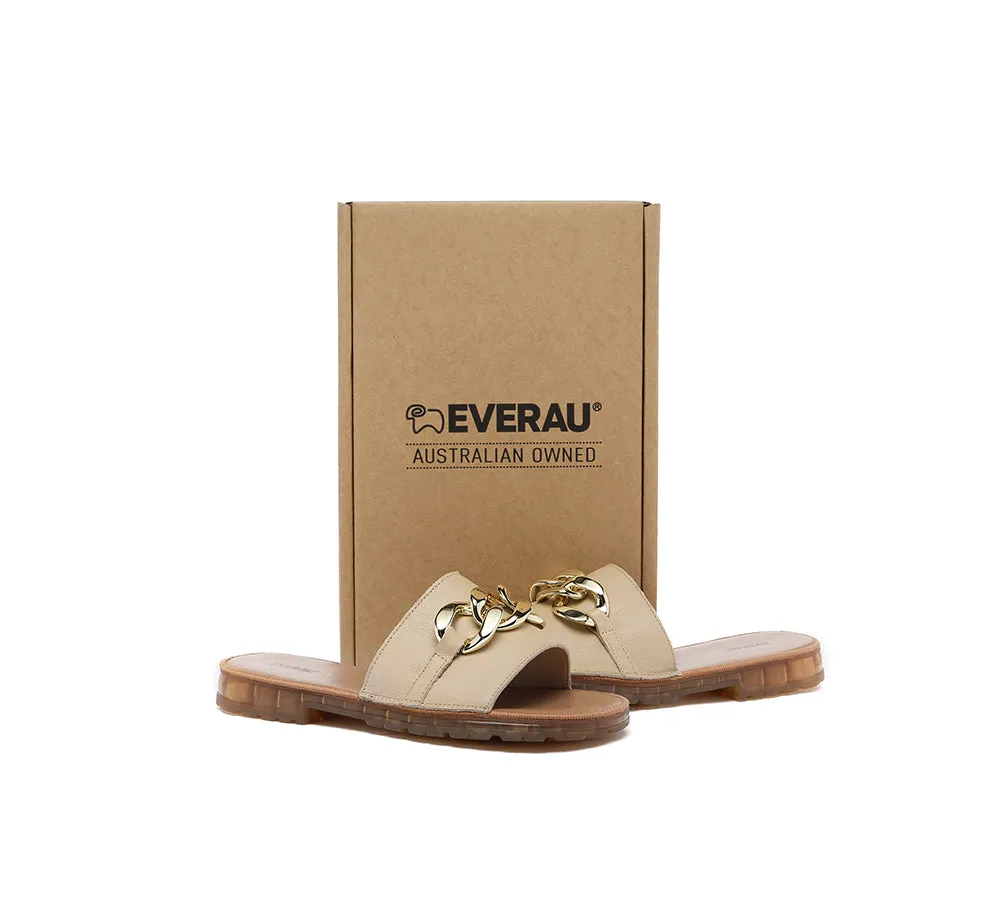 EVERAU® Women Leather Metal Ultra Soft Flat Slides Jianna