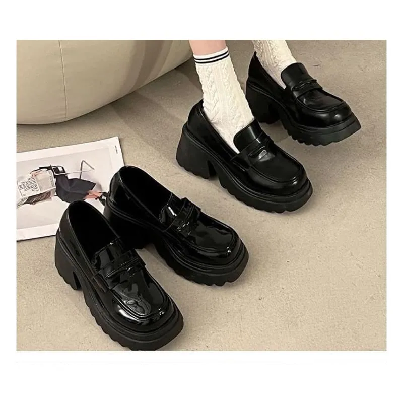 Faux Leather Platform Chunky Heel Loafers