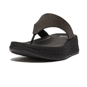 FitFlop F-Mode Espadrille Glitz-Canvas Flatform Toe-Thongs Sandals - Black