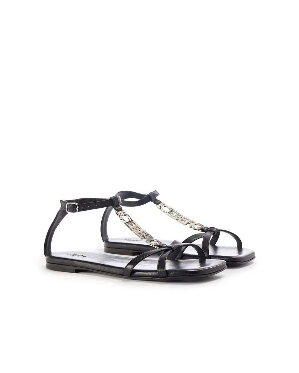 Flat leather sandals with logo