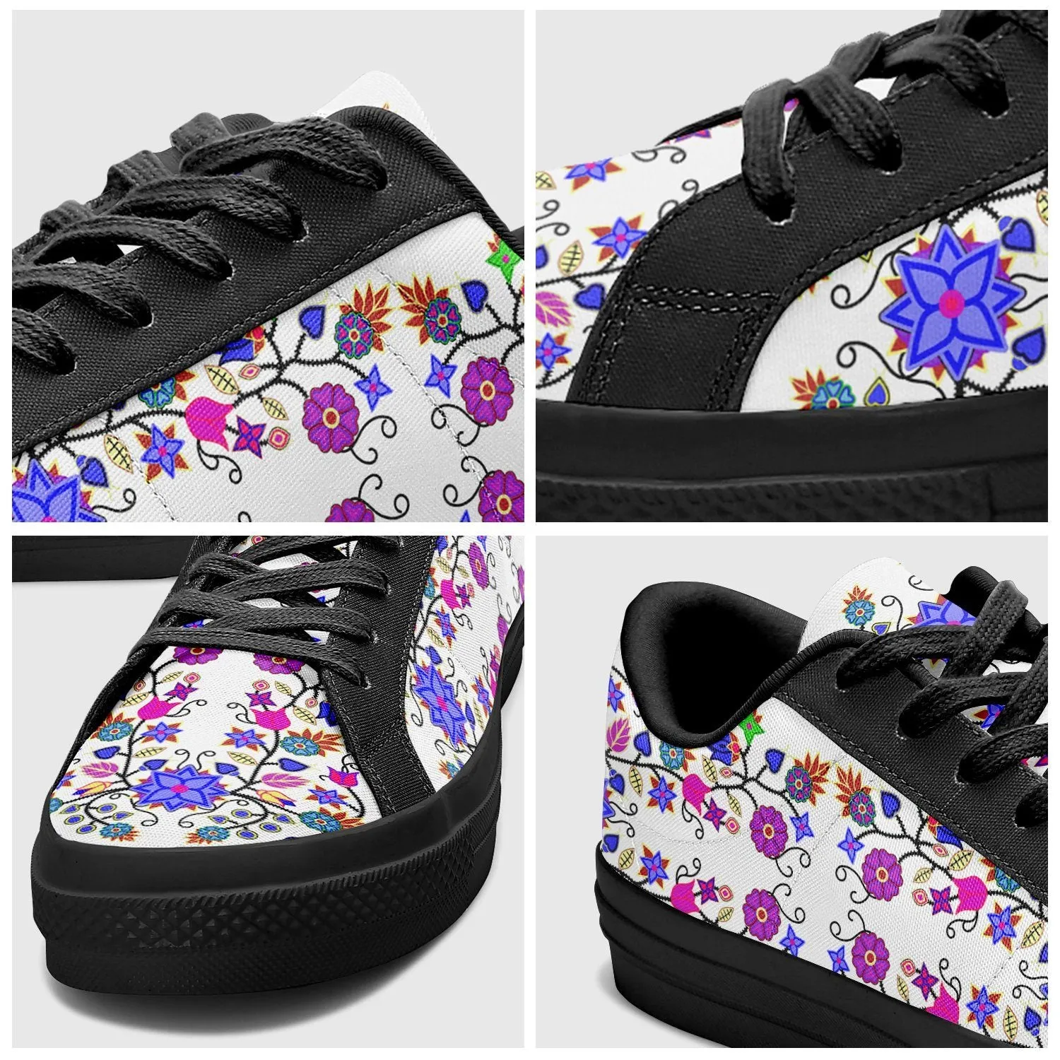 Floral Beadwork Seven Clans White Aapisi Low Top Canvas Shoes Black Sole