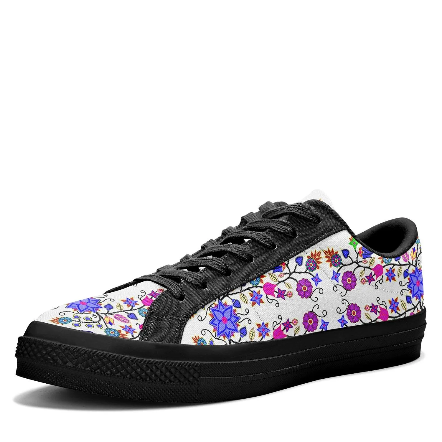 Floral Beadwork Seven Clans White Aapisi Low Top Canvas Shoes Black Sole