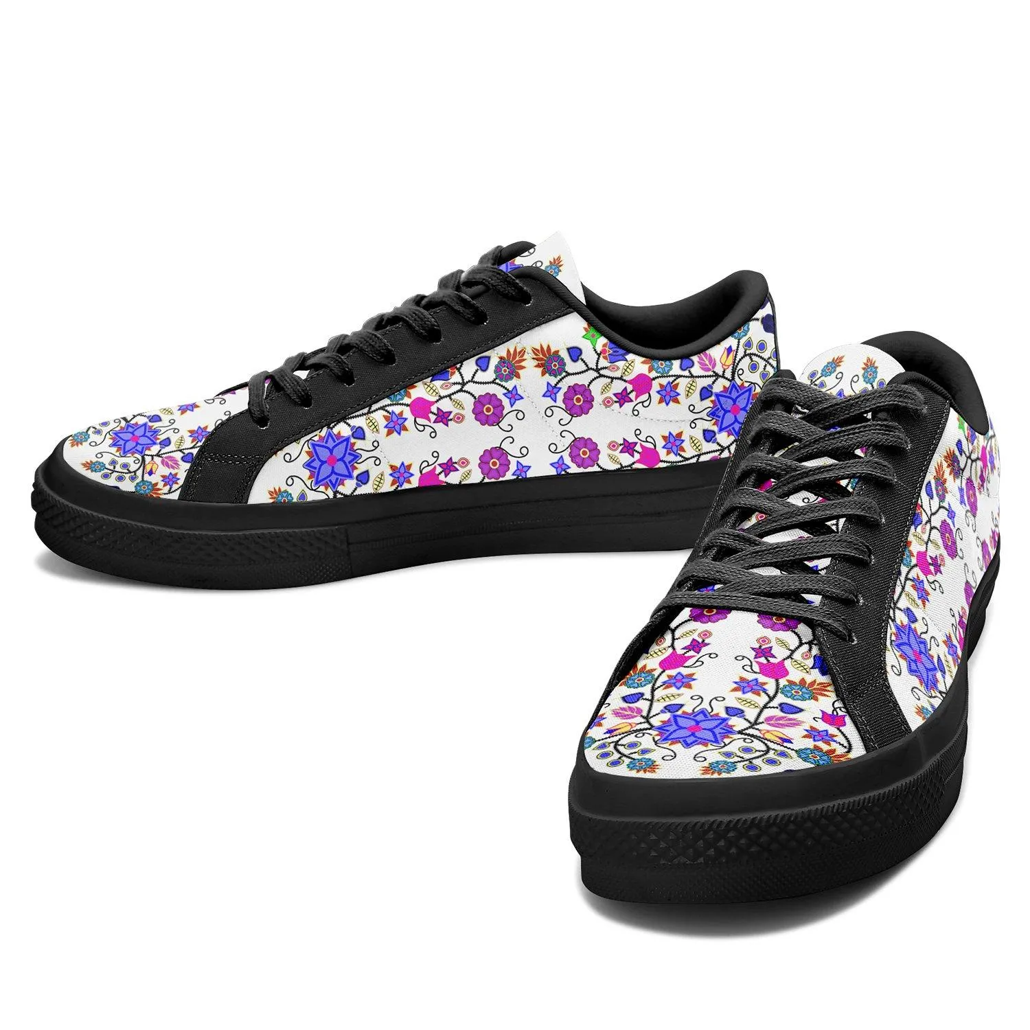 Floral Beadwork Seven Clans White Aapisi Low Top Canvas Shoes Black Sole