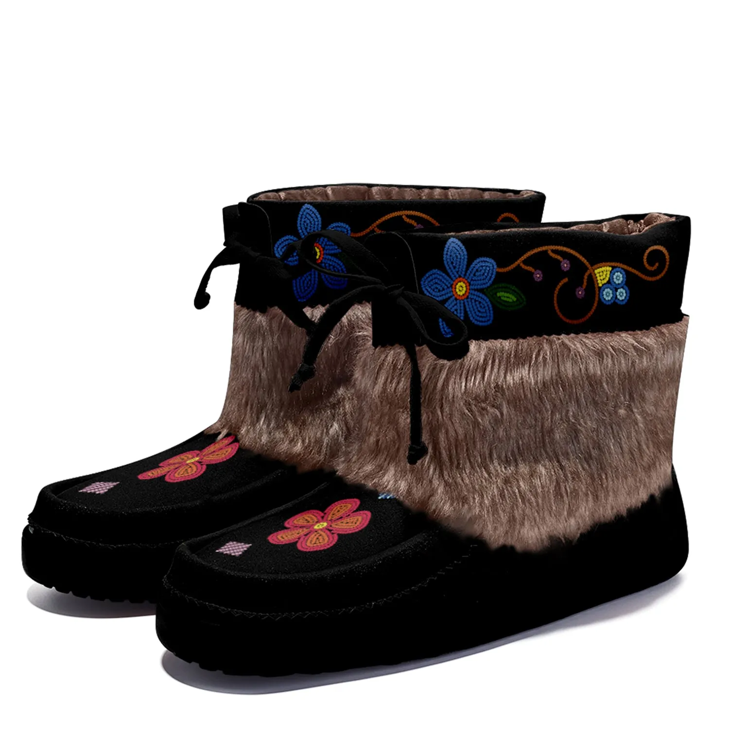 Flower Beadwork People Black Leather MocLux Short Style with Fur