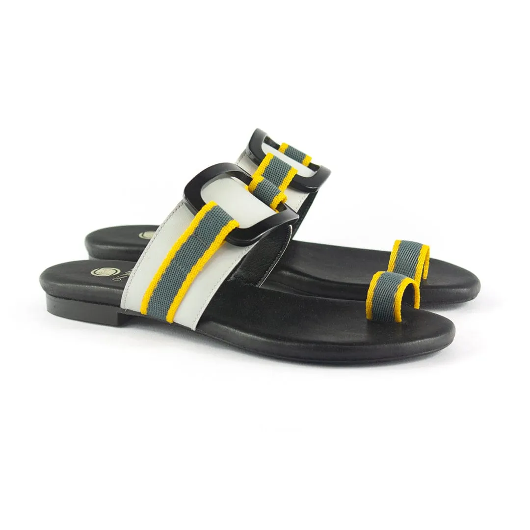 Gala Vegan Leather Slide Sandals | Grey & Yellow