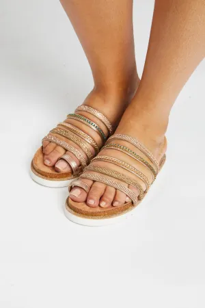 Gold Diamante Multi Strap Flat Sliders