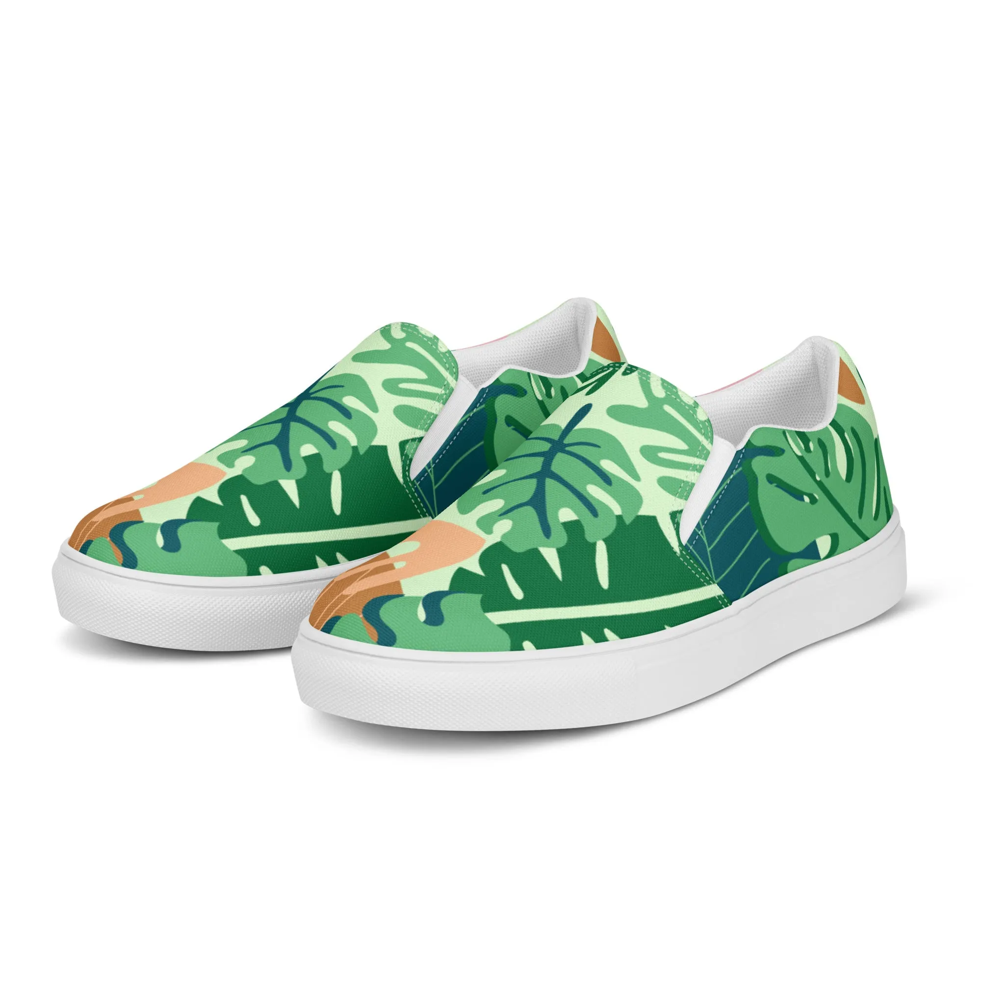 Green Tropical Women's Sneakers, Tropical Leaves Print Women’s Slip-On Canvas Shoes (US Size: 5-12)