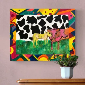 Hand-Embroidered Acrylic Cow Painting - Original