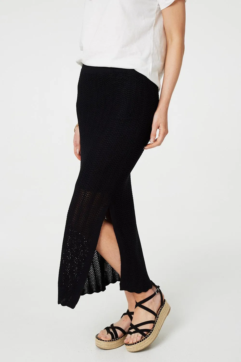 High Waist Crochet Knit Midi Skirt