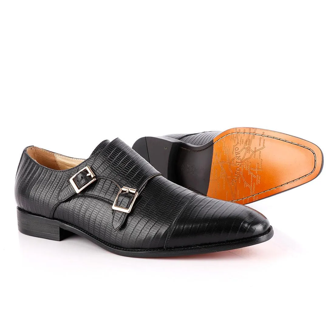 John Foster Double Monk-Strap Croc Black Leather Shoe