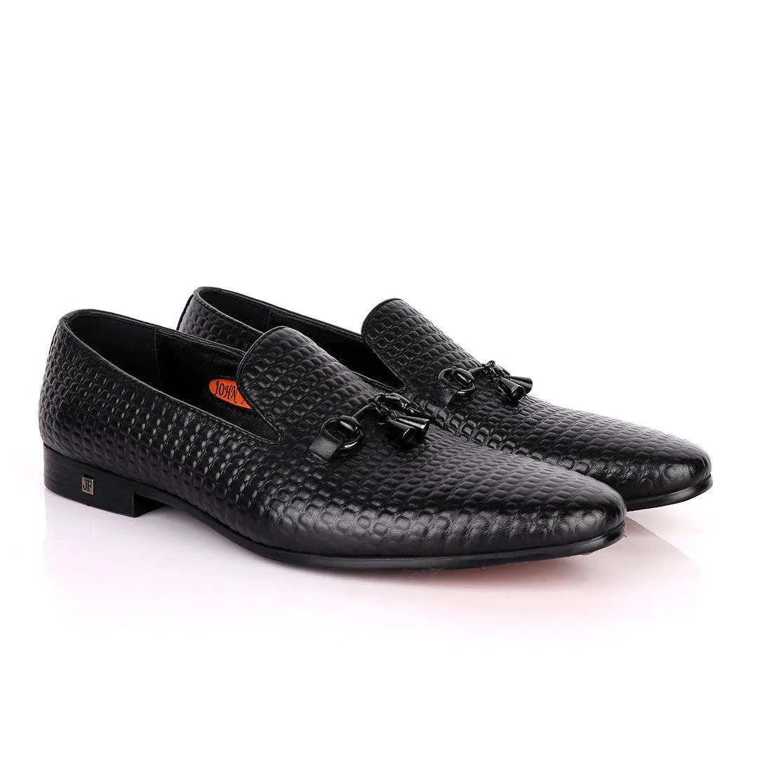 John Foster Full Small Blocks Design Leather Shoe-Black