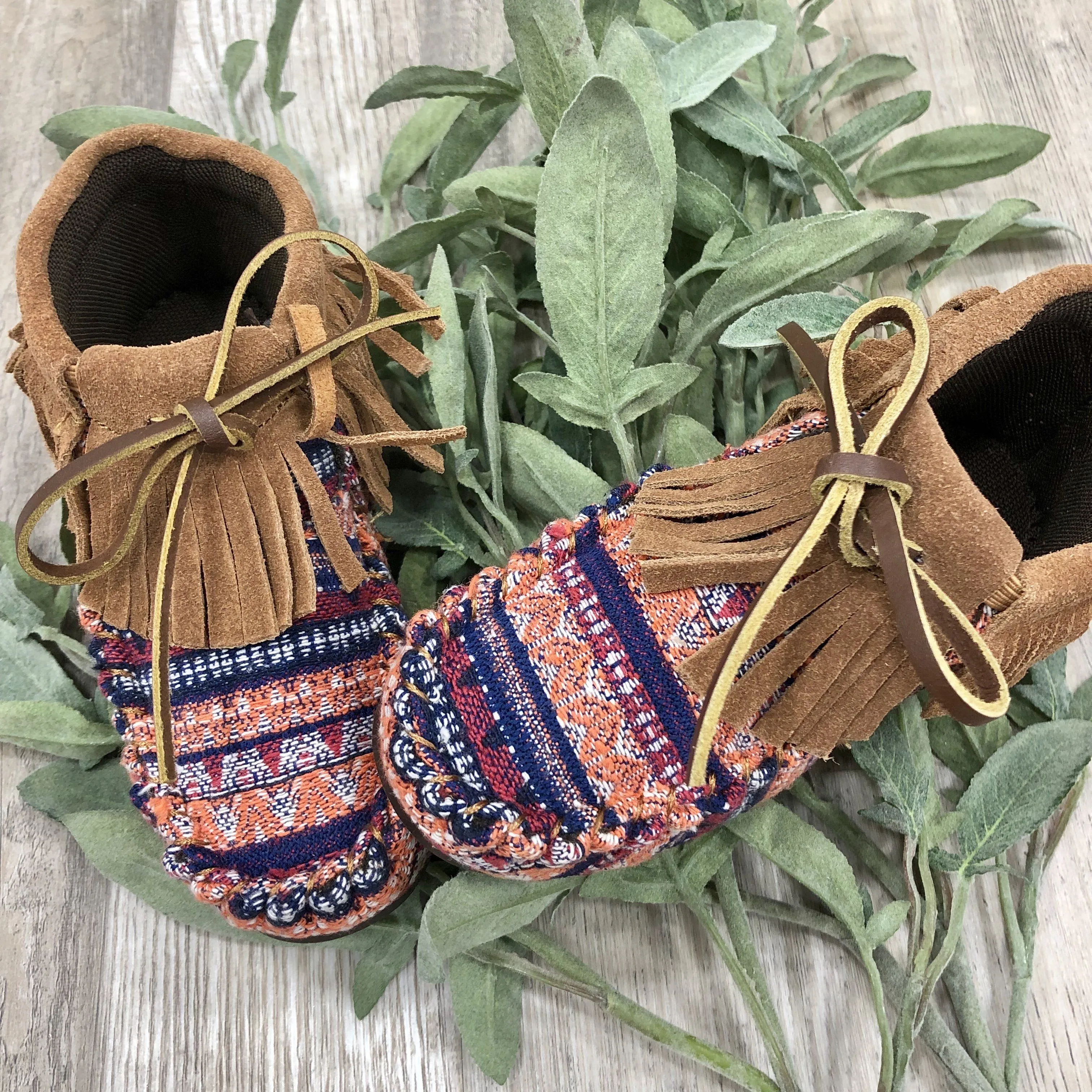 Kids: Moccasins in Multi-Colored Striped Print and Chestnut Fringe