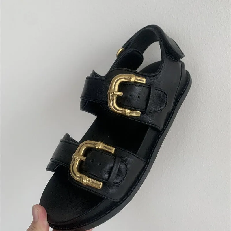 Leather Comfy Platform  Sandals for Lady Double Buckles Flatform Footbed Sandals in Black