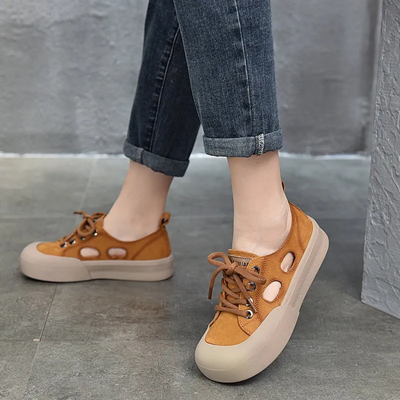 Leather Low-top Sneakers for Women Lace up and Cut Out  in Yellow/Red/Beige