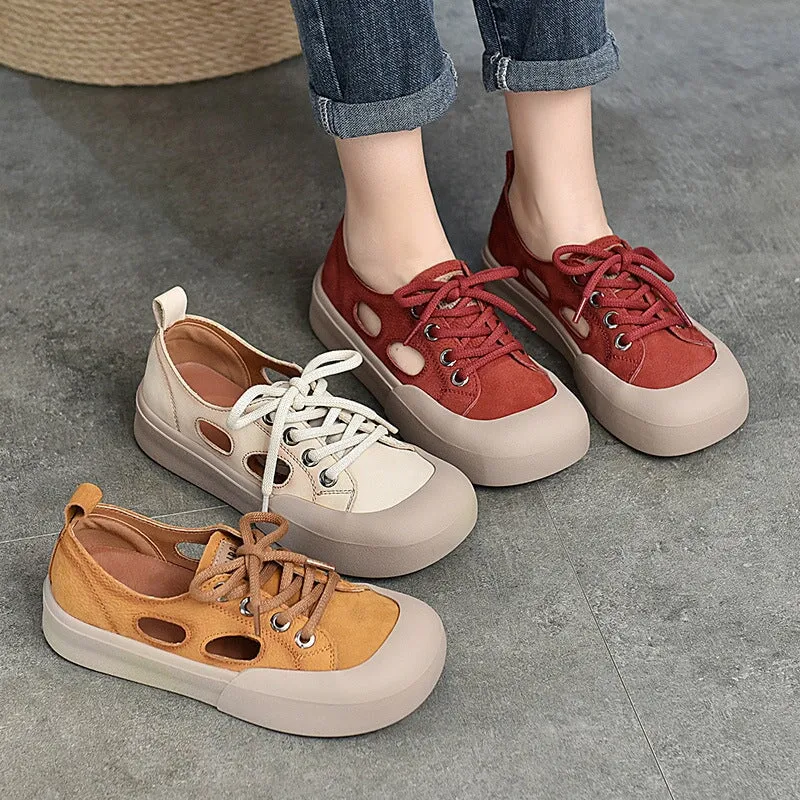 Leather Low-top Sneakers for Women Lace up and Cut Out  in Yellow/Red/Beige