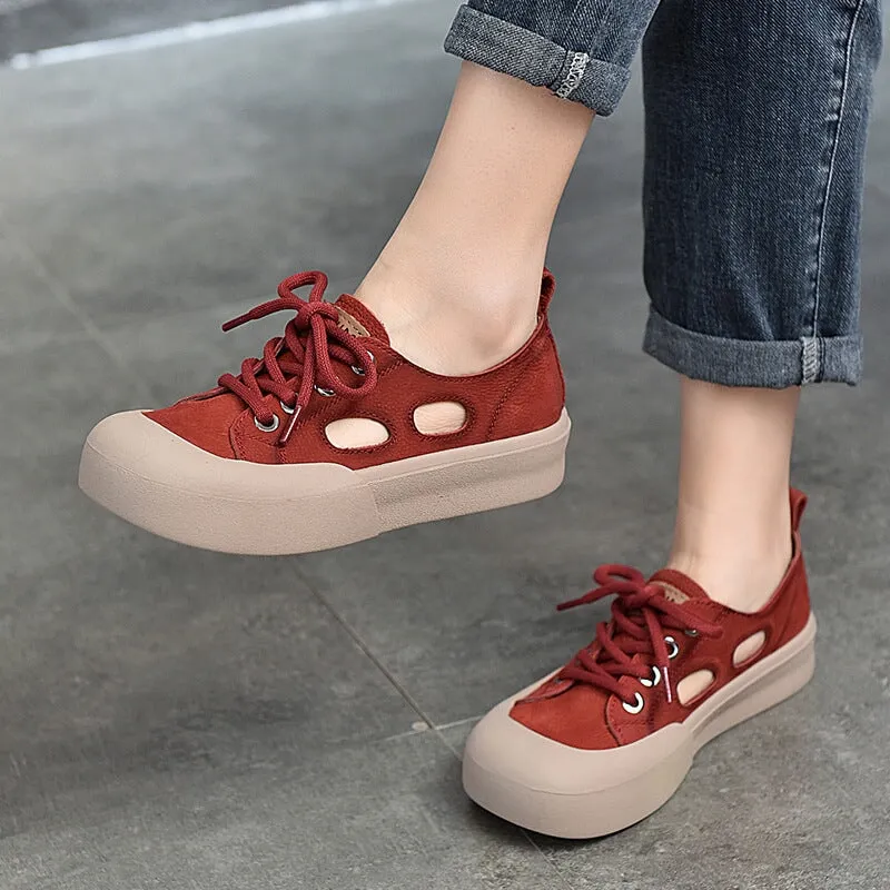 Leather Low-top Sneakers for Women Lace up and Cut Out  in Yellow/Red/Beige