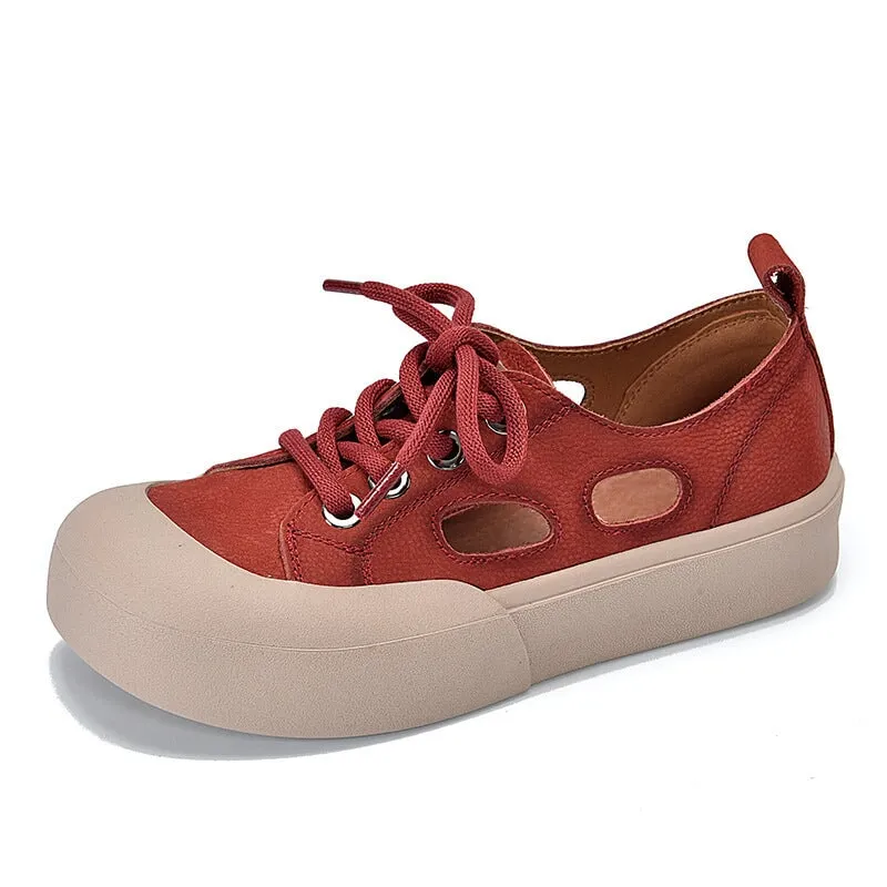 Leather Low-top Sneakers for Women Lace up and Cut Out  in Yellow/Red/Beige