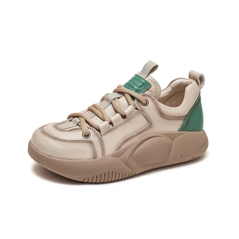 Leather Low-top Sneakers for Women Lace up in Beige/Orange