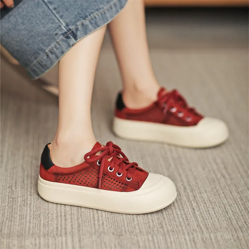 Leather Perforated Flatform Sneakers for Women Low-top Travel in Yellow/Red