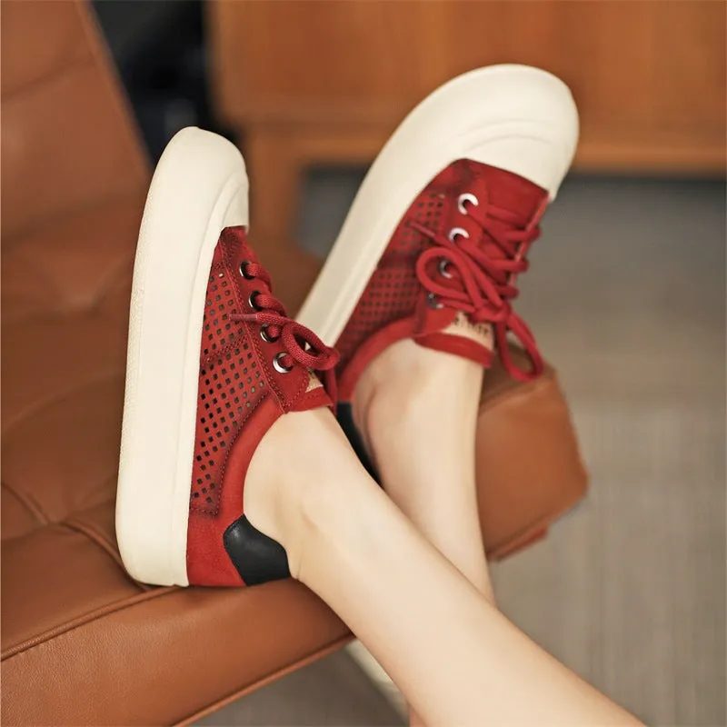 Leather Perforated Flatform Sneakers for Women Low-top Travel in Yellow/Red