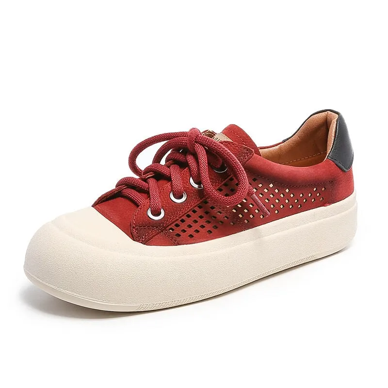 Leather Perforated Flatform Sneakers for Women Low-top Travel in Yellow/Red