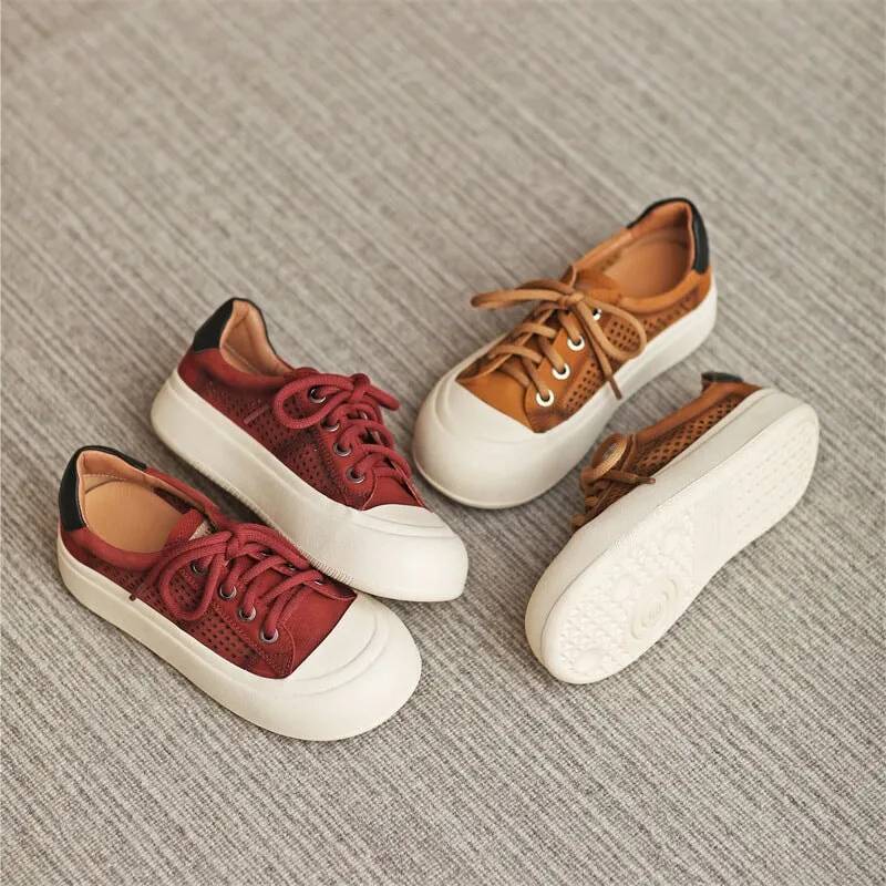 Leather Perforated Flatform Sneakers for Women Low-top Travel in Yellow/Red