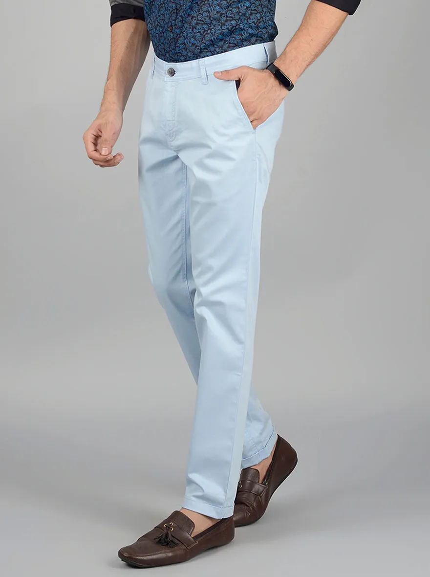 Light Blue Solid Slim Fit Casual Trouser | Greenfibre