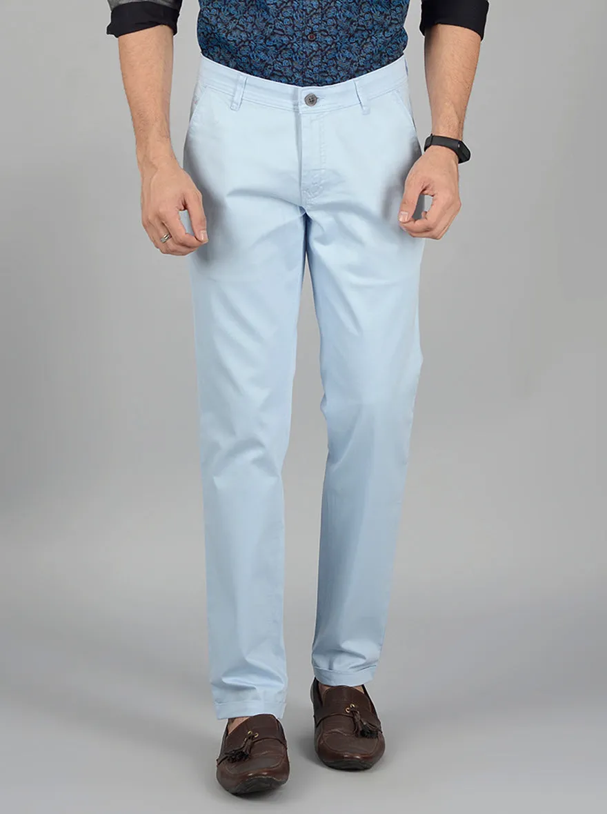 Light Blue Solid Slim Fit Casual Trouser | Greenfibre