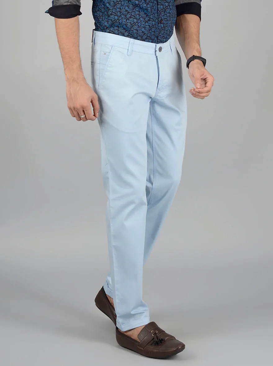 Light Blue Solid Slim Fit Casual Trouser | Greenfibre