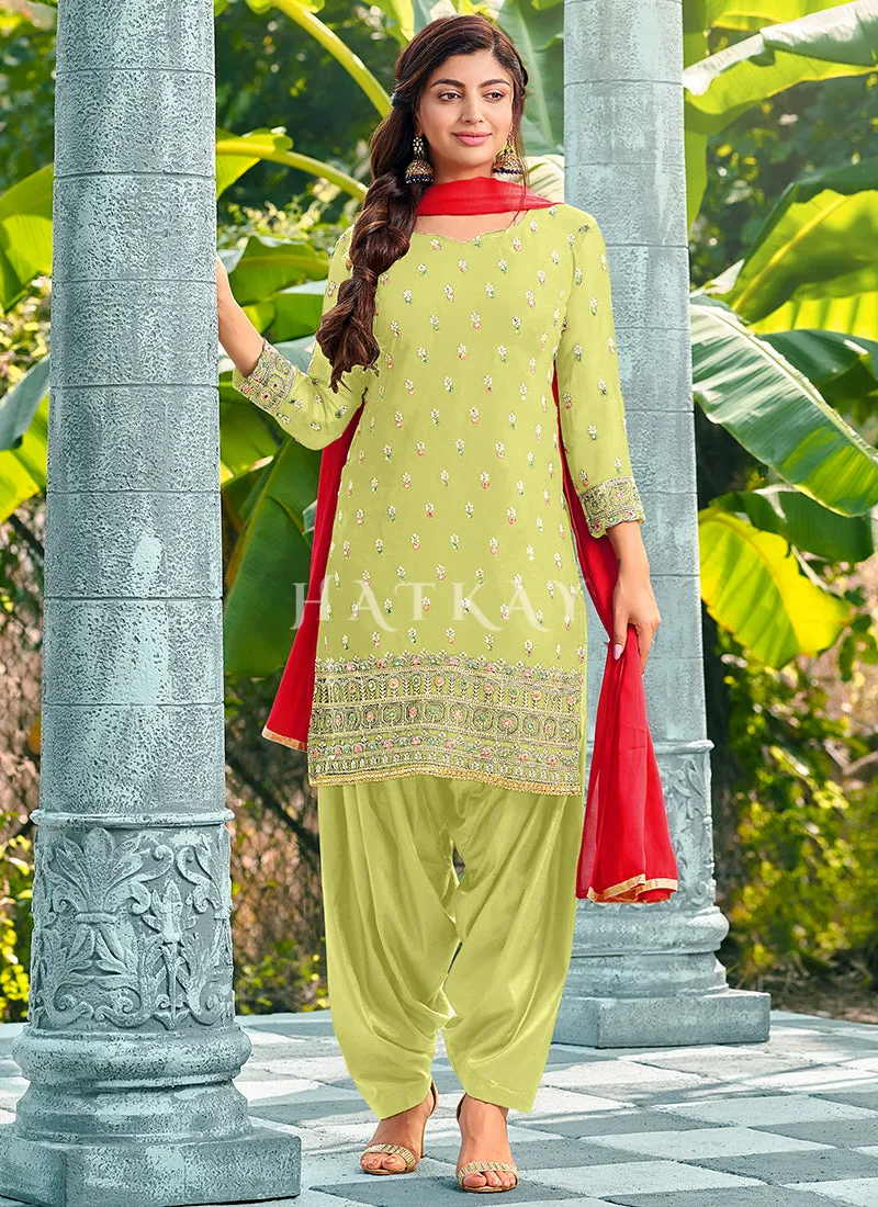 Lime Green Mirror Work Embroidered Patiala Suit