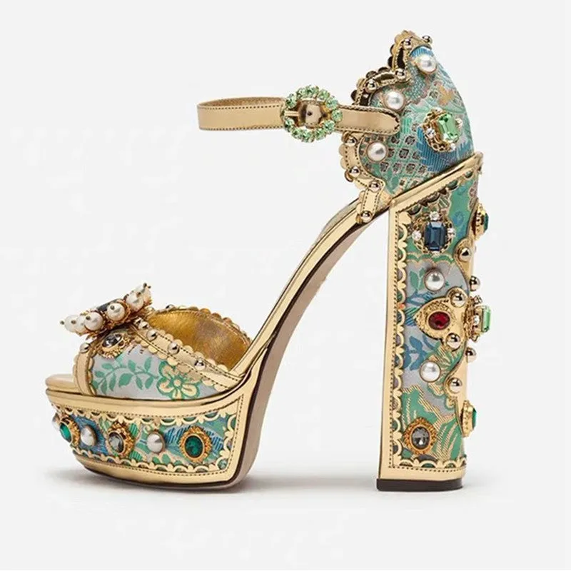 Luxury Crystal Embellished Square Heel Sandals