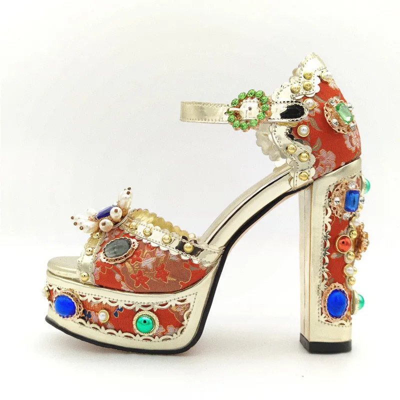 Luxury Crystal Embellished Square Heel Sandals