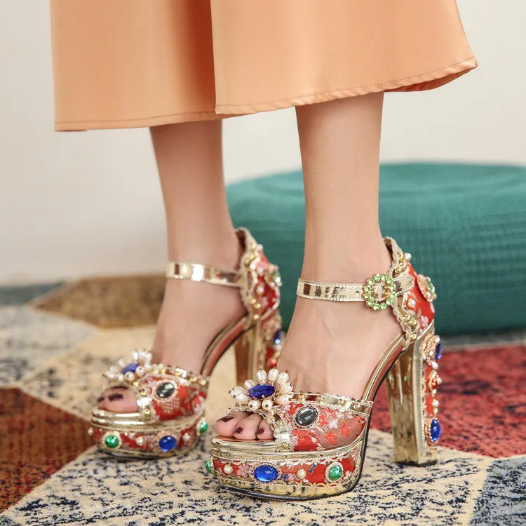 Luxury Crystal Embellished Square Heel Sandals