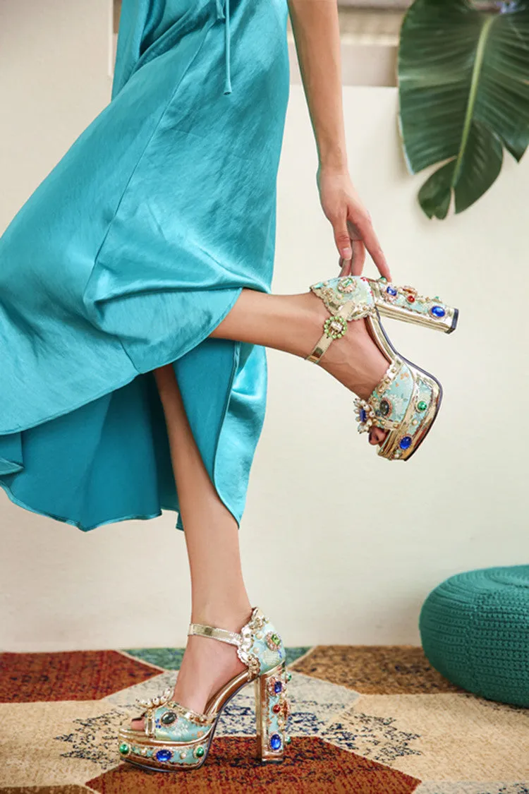 Luxury Crystal Embellished Square Heel Sandals