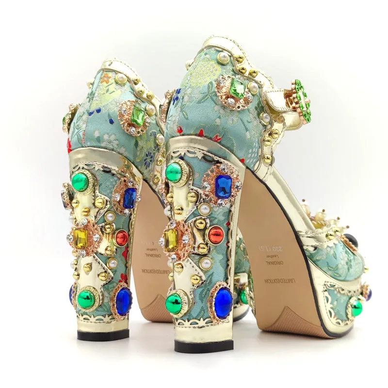 Luxury Crystal Embellished Square Heel Sandals