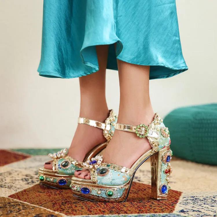 Luxury Crystal Embellished Square Heel Sandals