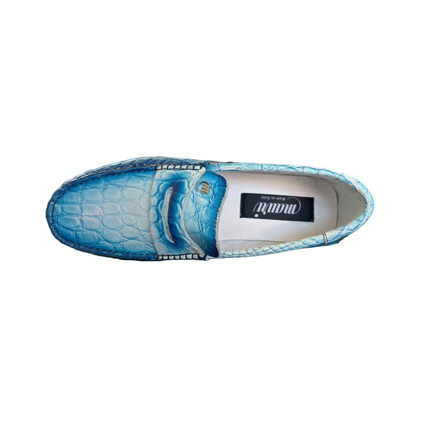 Mauri Sprinter 3517/1 Men's Shoes White with "Dirty" Blue Finish Exotic Alligator Driver Moccasins Loafers (MA5550)