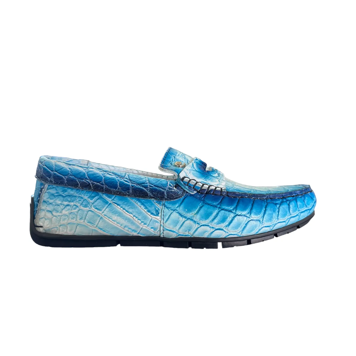 Mauri Sprinter 3517/1 Men's Shoes White with "Dirty" Blue Finish Exotic Alligator Driver Moccasins Loafers (MA5550)