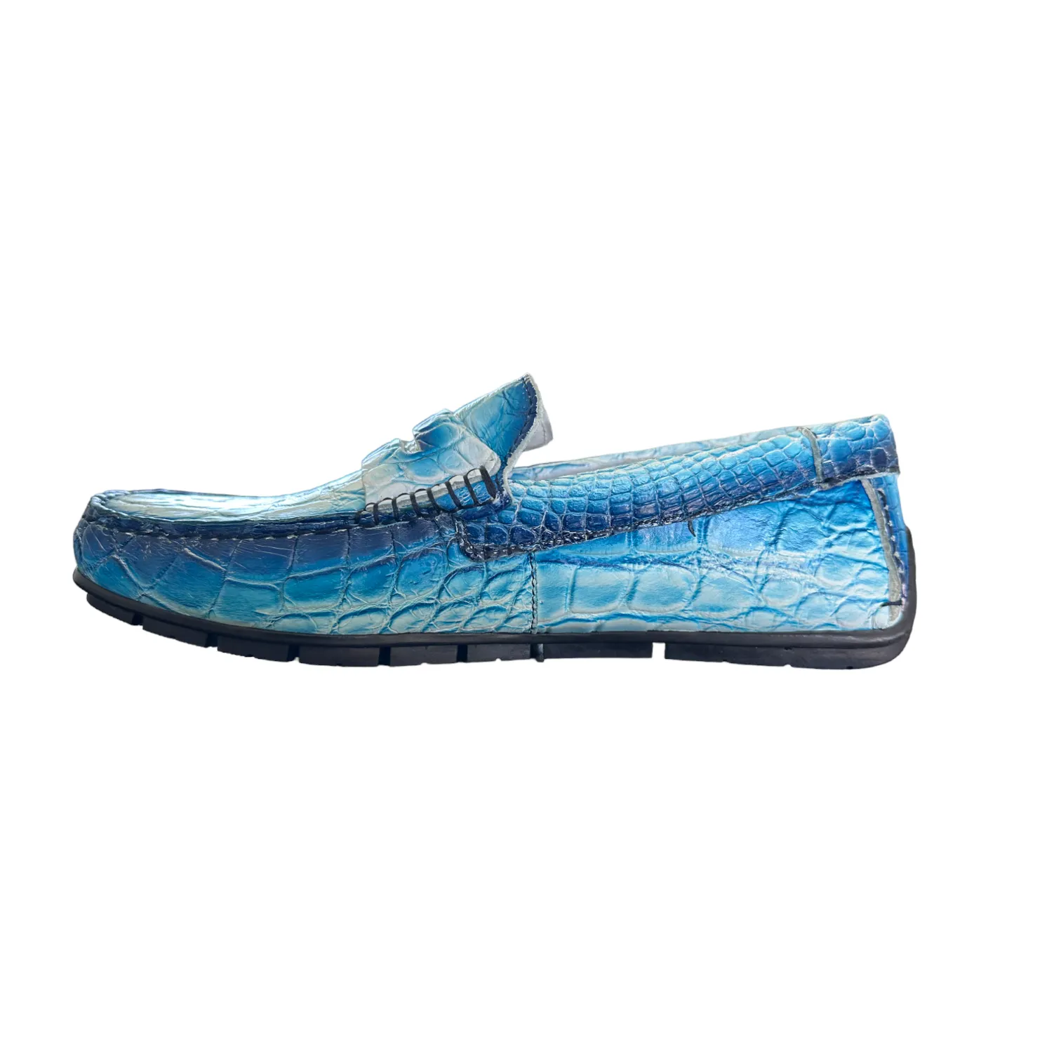 Mauri Sprinter 3517/1 Men's Shoes White with "Dirty" Blue Finish Exotic Alligator Driver Moccasins Loafers (MA5550)