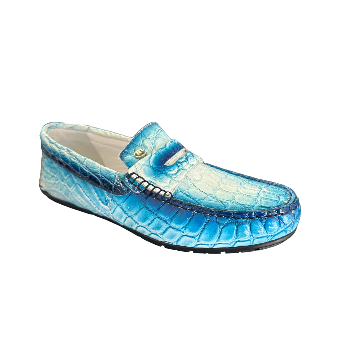 Mauri Sprinter 3517/1 Men's Shoes White with "Dirty" Blue Finish Exotic Alligator Driver Moccasins Loafers (MA5550)