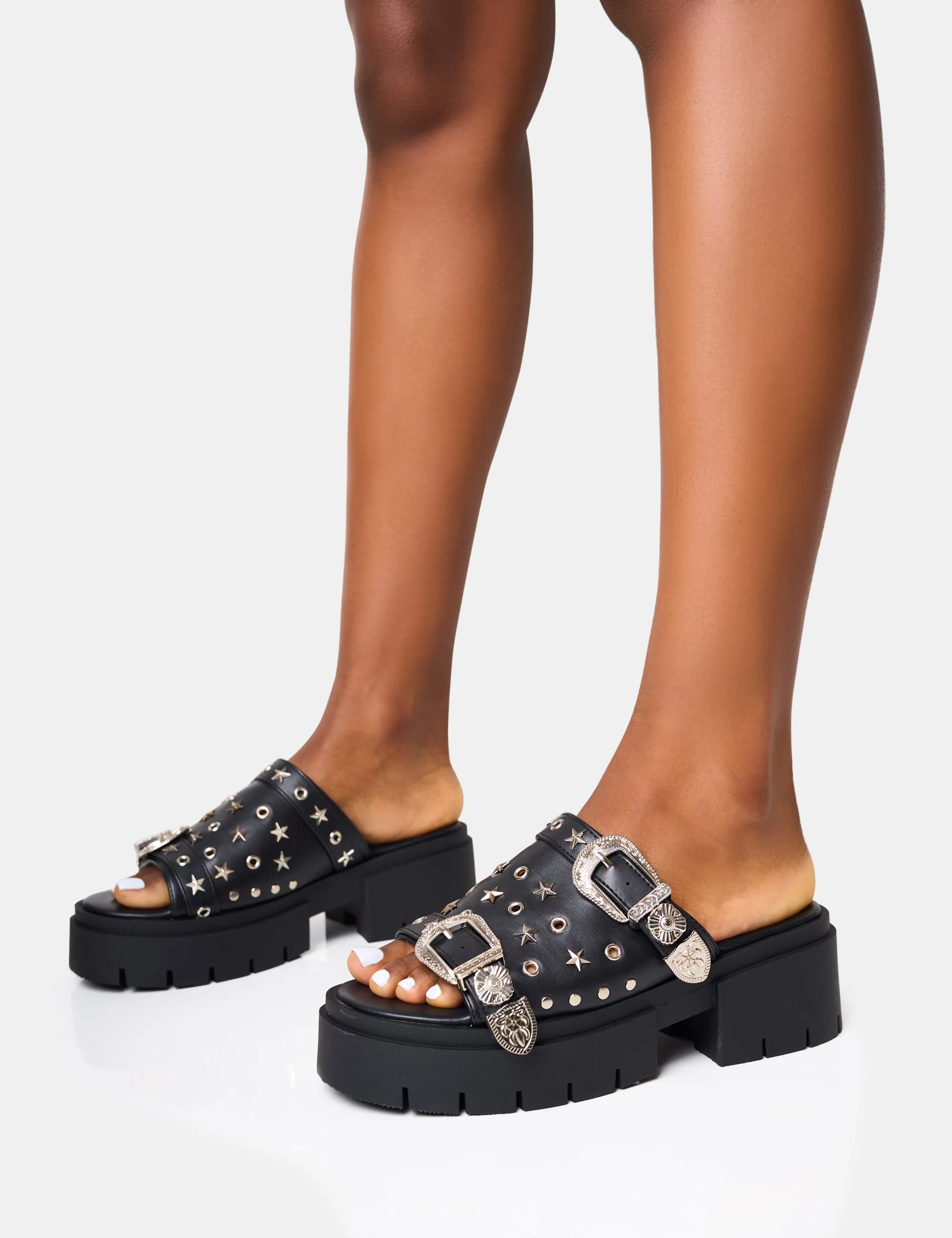 Maverick Star Embellished Double Buckle Chunky Platform Sandals