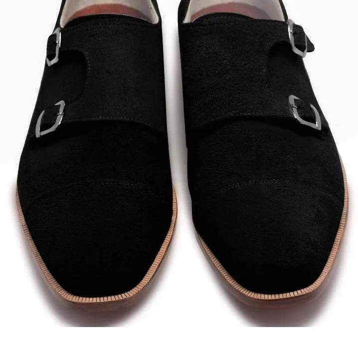 Men Black Double Monk Suede Leather Shoes