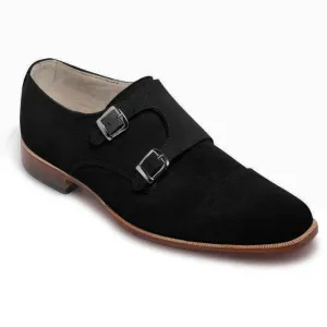 Men Black Double Monk Suede Leather Shoes