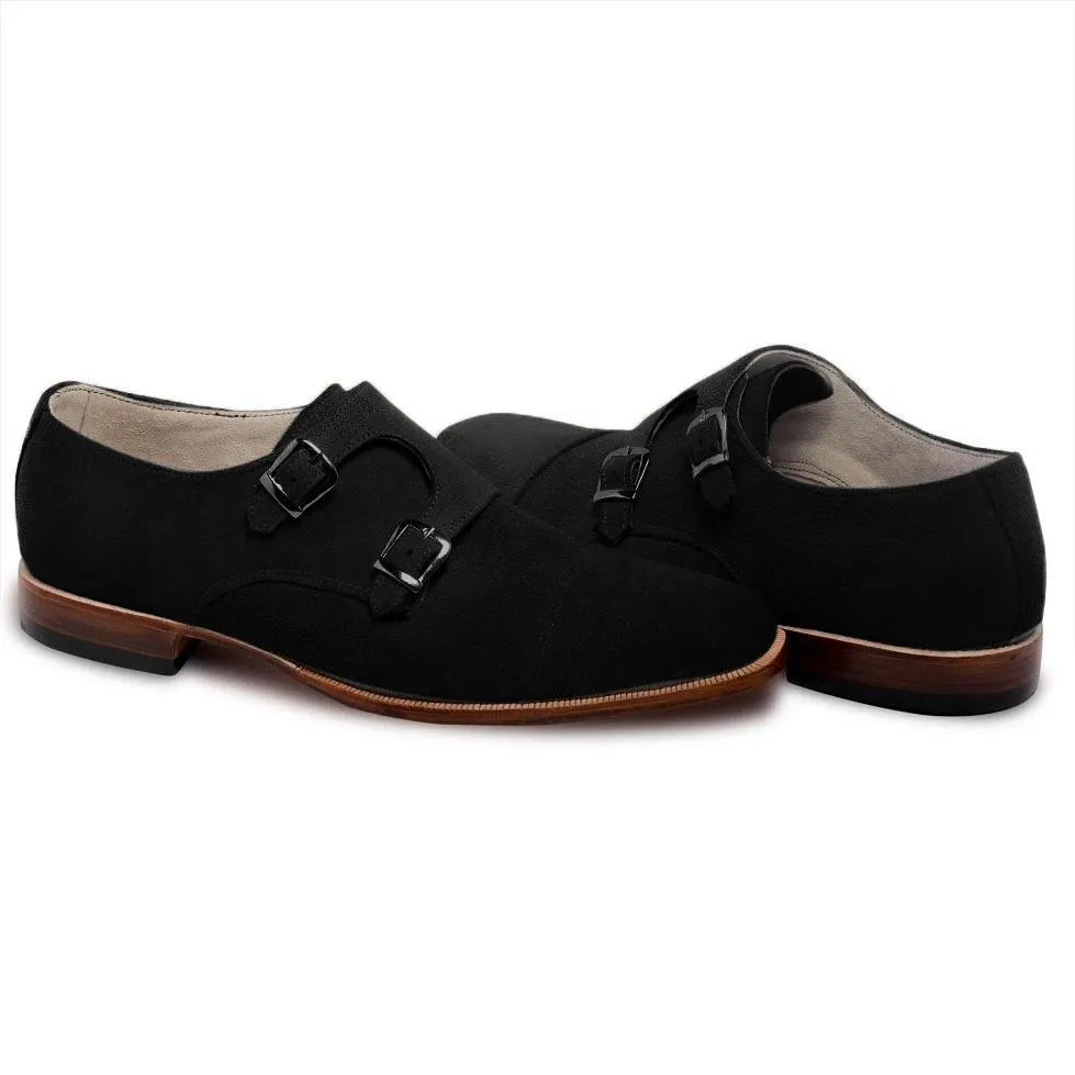 Men Black Double Monk Suede Leather Shoes