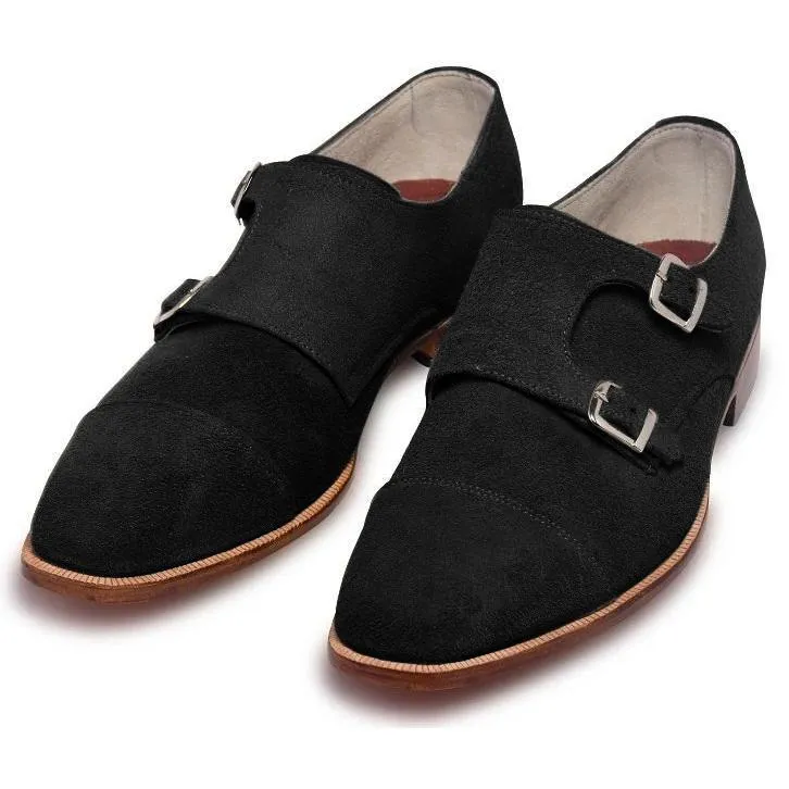 Men Black Double Monk Suede Leather Shoes