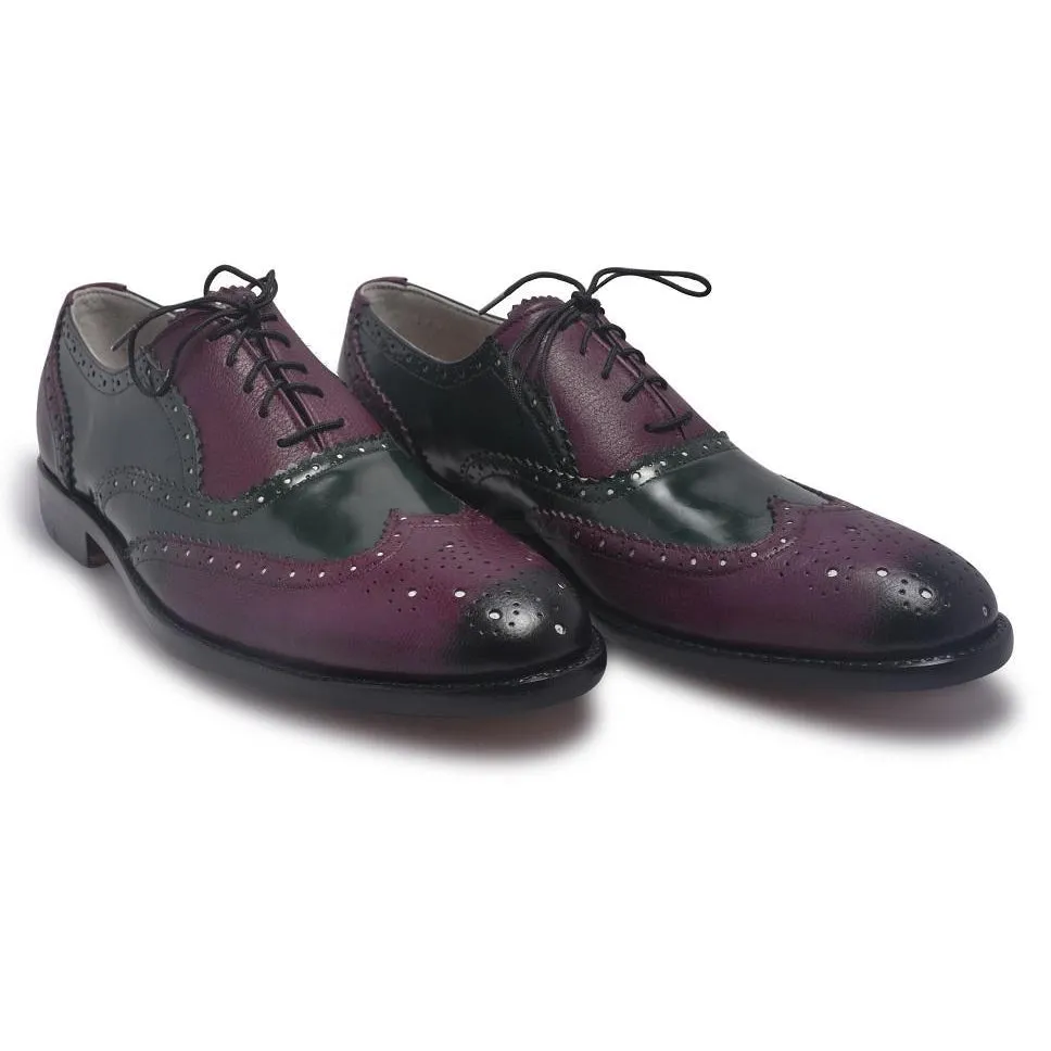 Men Oxford Two Tone Brogue Wingtip Purple Black Leather Shoe