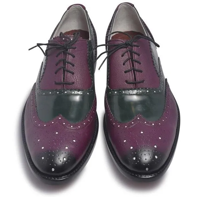 Men Oxford Two Tone Brogue Wingtip Purple Black Leather Shoe